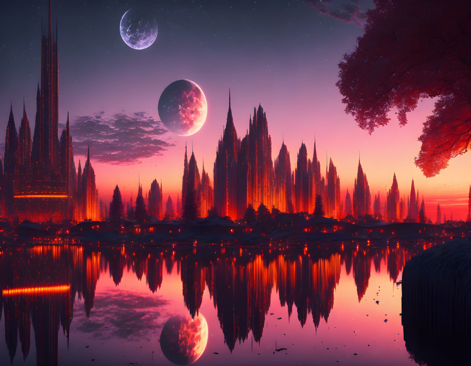 Twilight landscape with crystal towers, dual moons, lake reflection, red tree