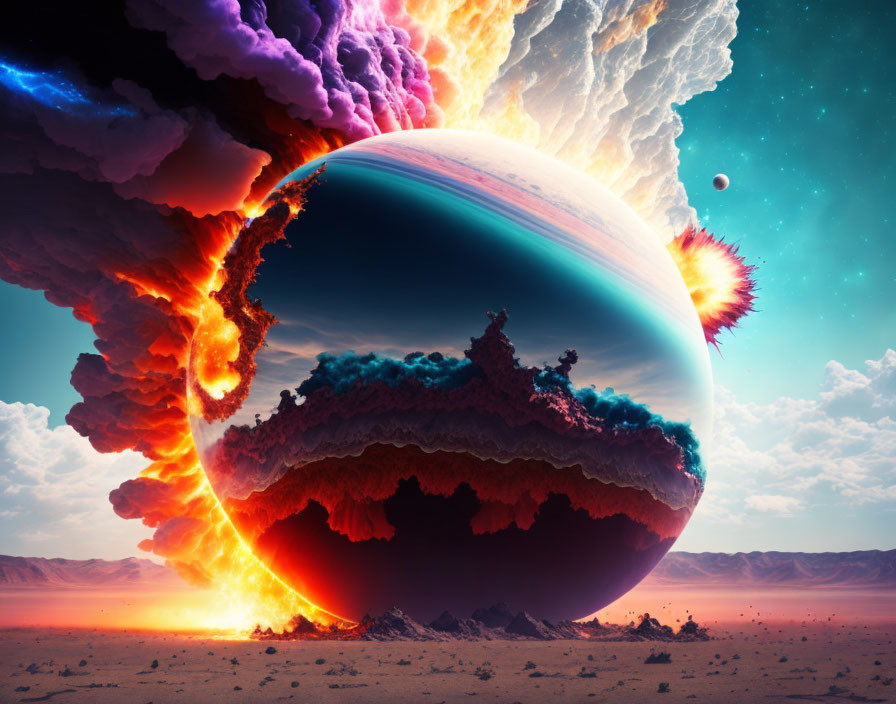 Vibrant planet in surreal landscape with fiery explosions and colorful clouds