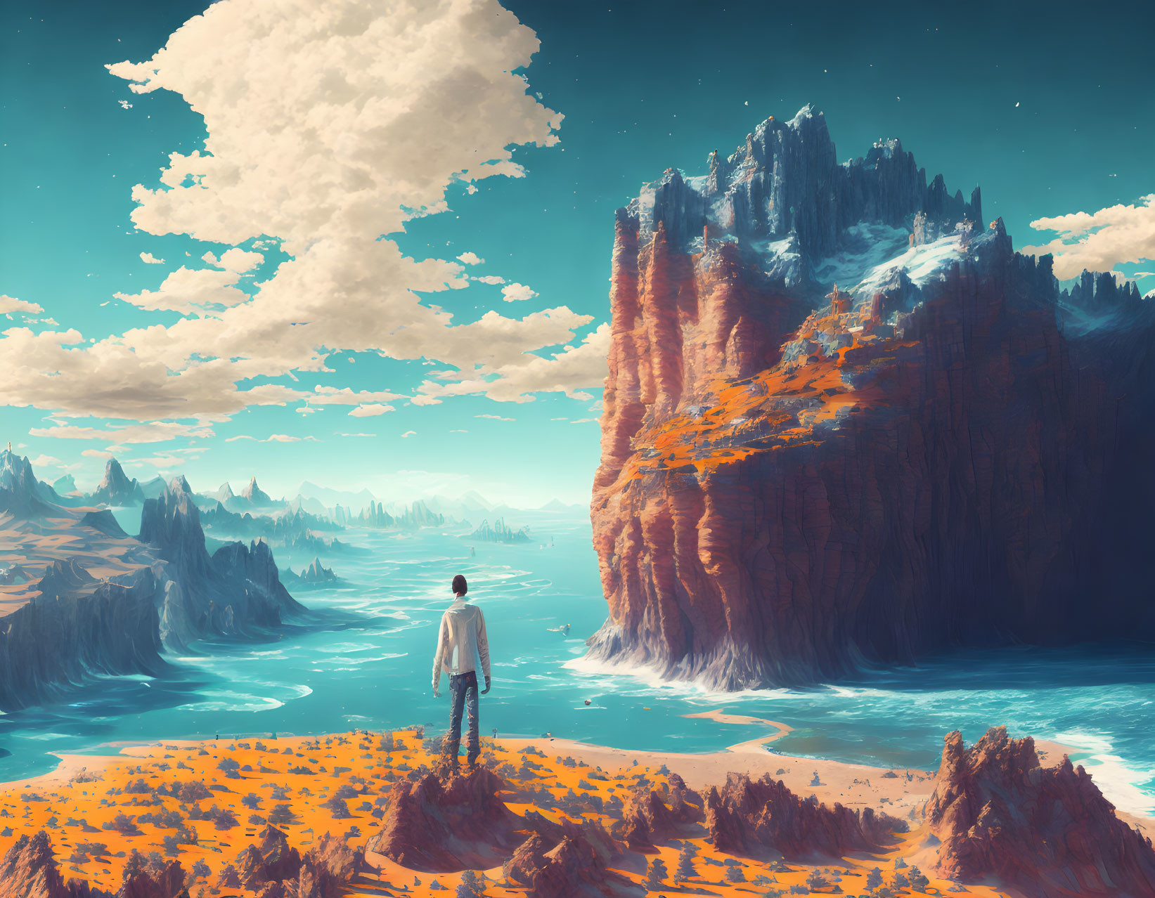 Person overlooking fantastical landscape with orange cliffs and turquoise river