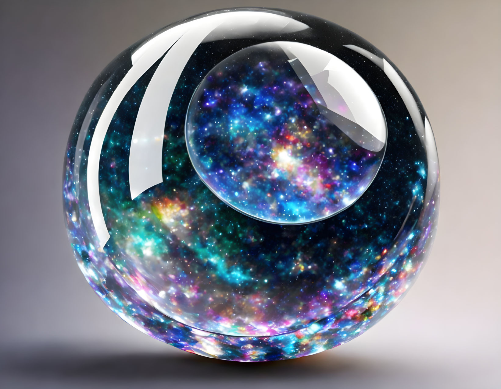 Colorful Cosmic Starfield Pattern on Glossy Sphere Against Gradient Backdrop