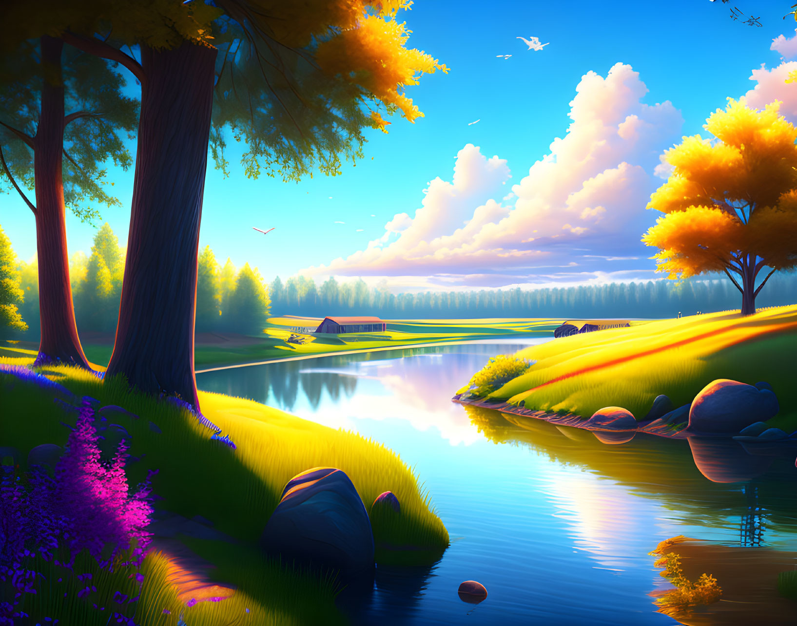 Colorful Autumn Landscape: Trees, Lake, Rocks, Hills, Cloudy Sky