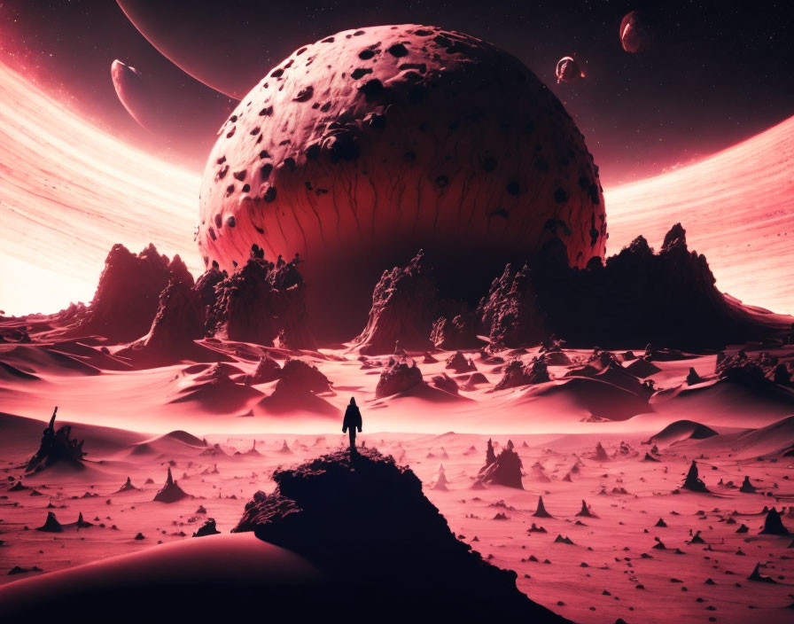 Barren alien landscape with red skies and celestial bodies.