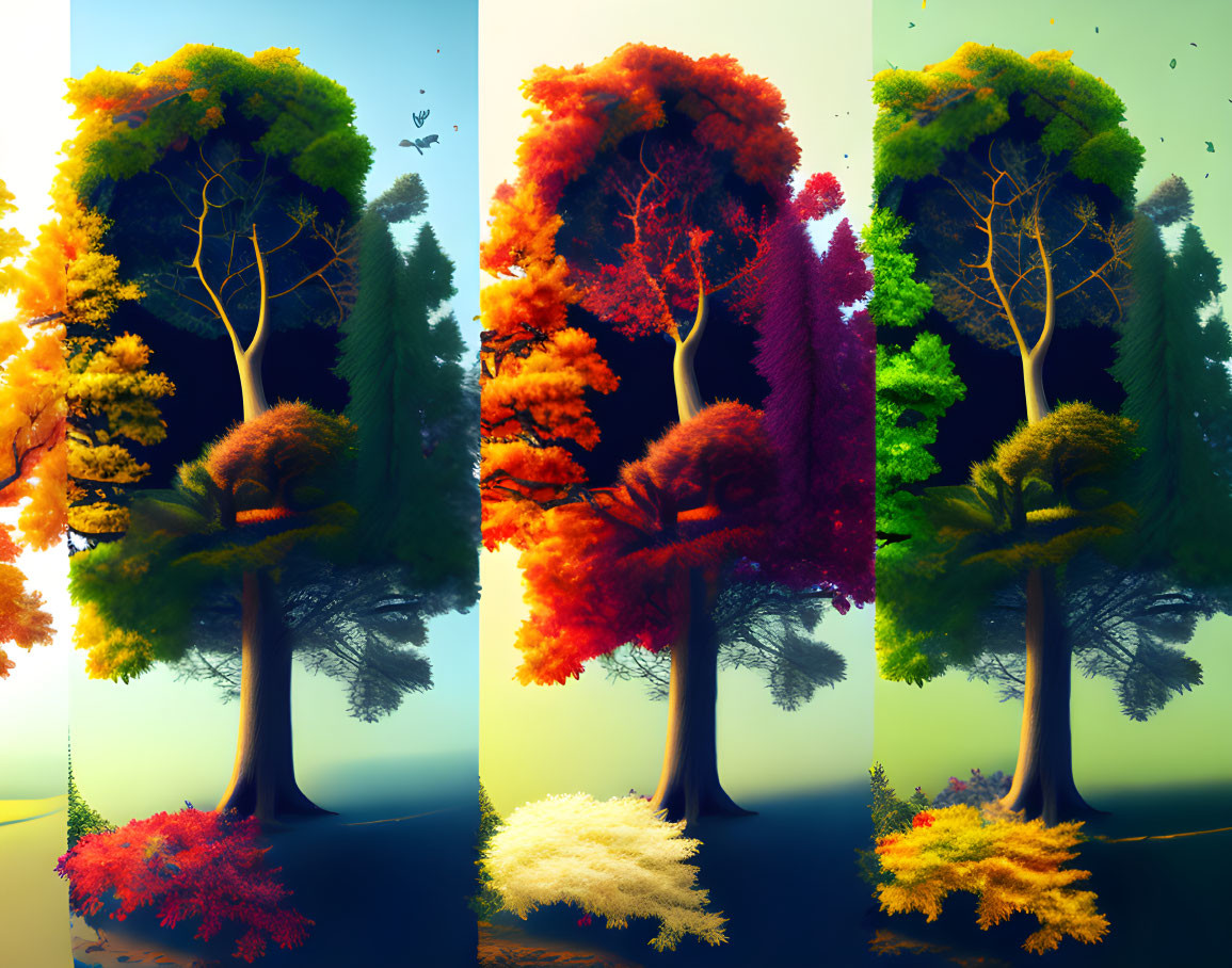 Seasonal Trees in Various Colors on Day to Night Backgrounds