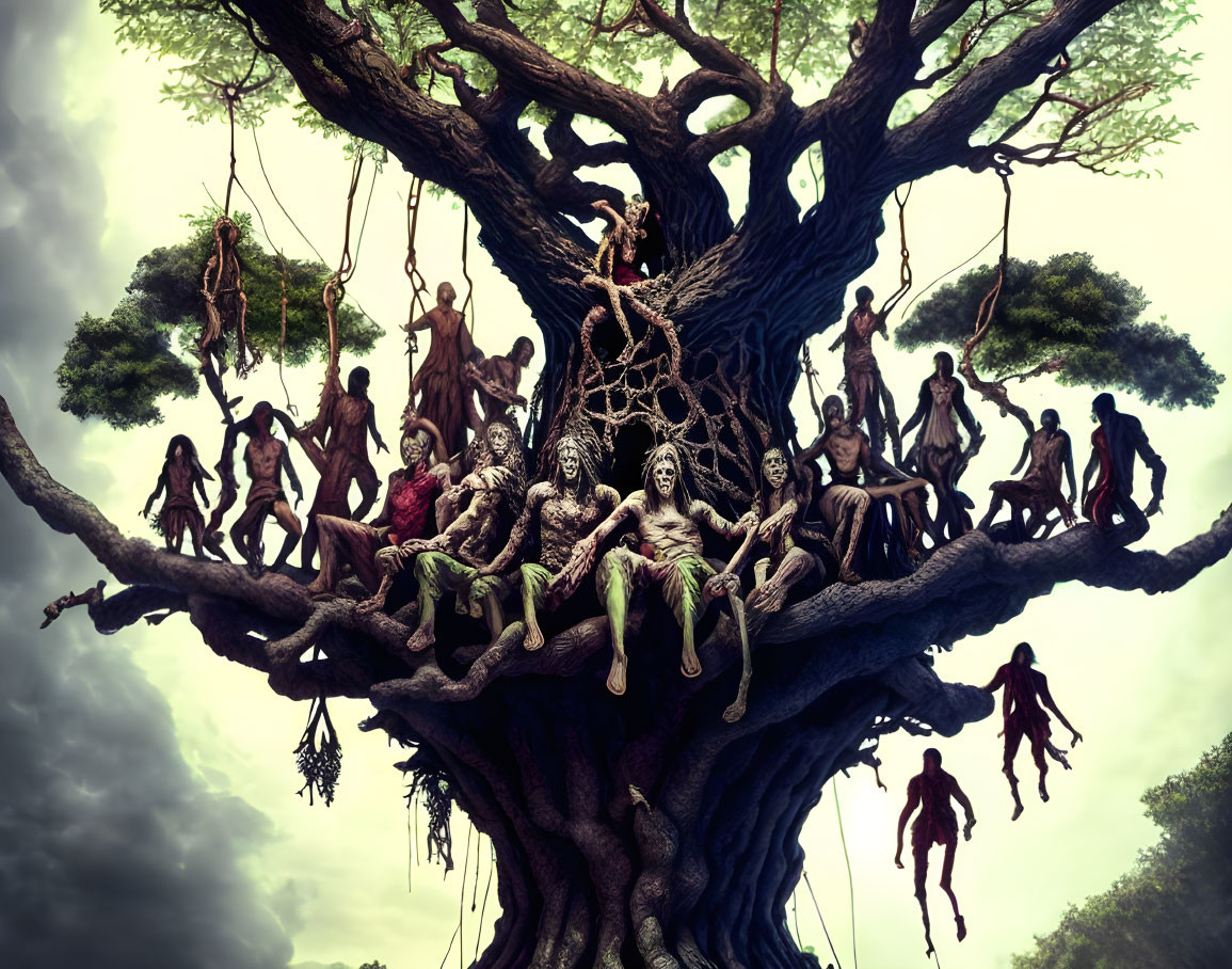 Surreal artwork: Multiple human-like figures with elongated limbs entwined around ancient tree.