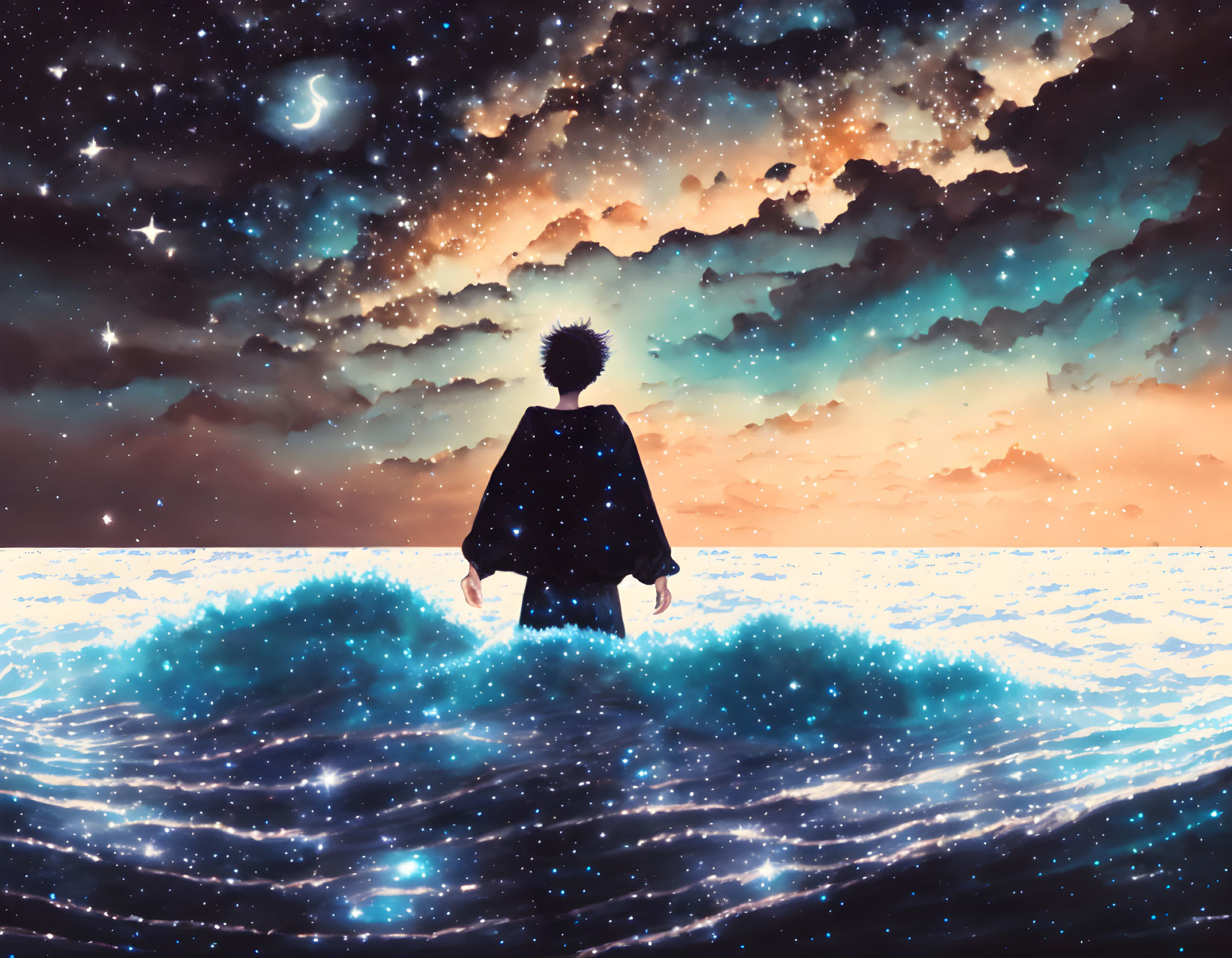 Solitary figure in glowing ocean waves under cosmic twilight.