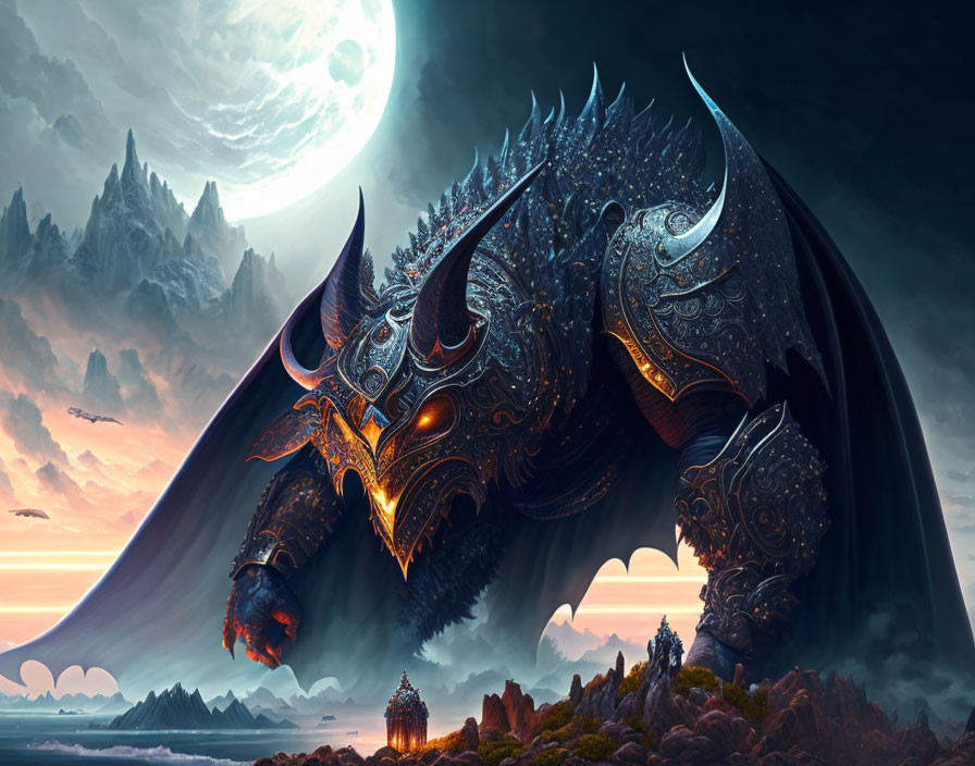 Armored dragon perched on rocky outcrop under moon, castle in valley.