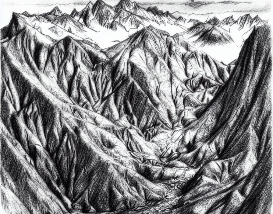 Detailed pencil sketched landscape of rugged mountains with textured ridges and valleys.