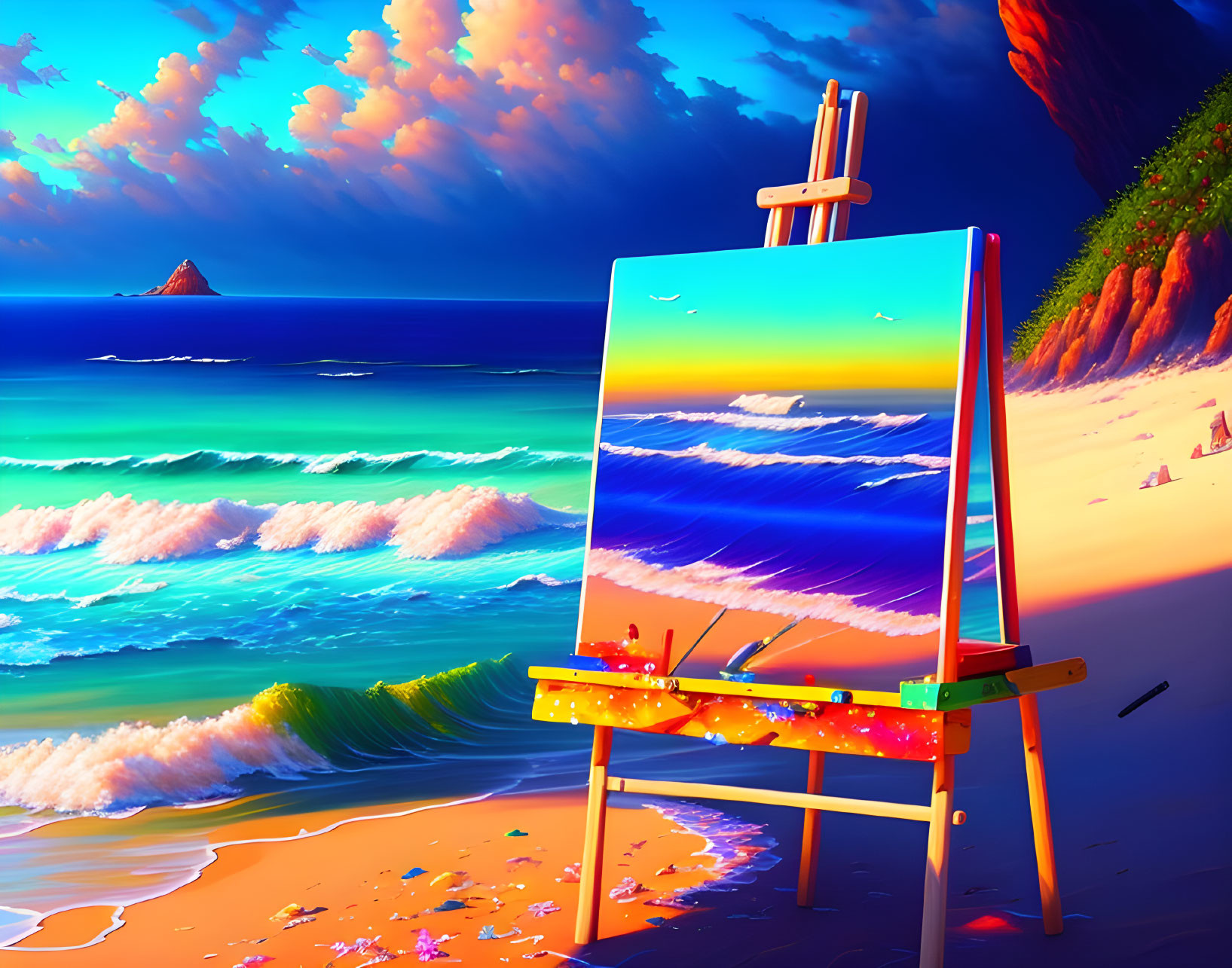 Sunset beachscape painting on easel with brushes and palette