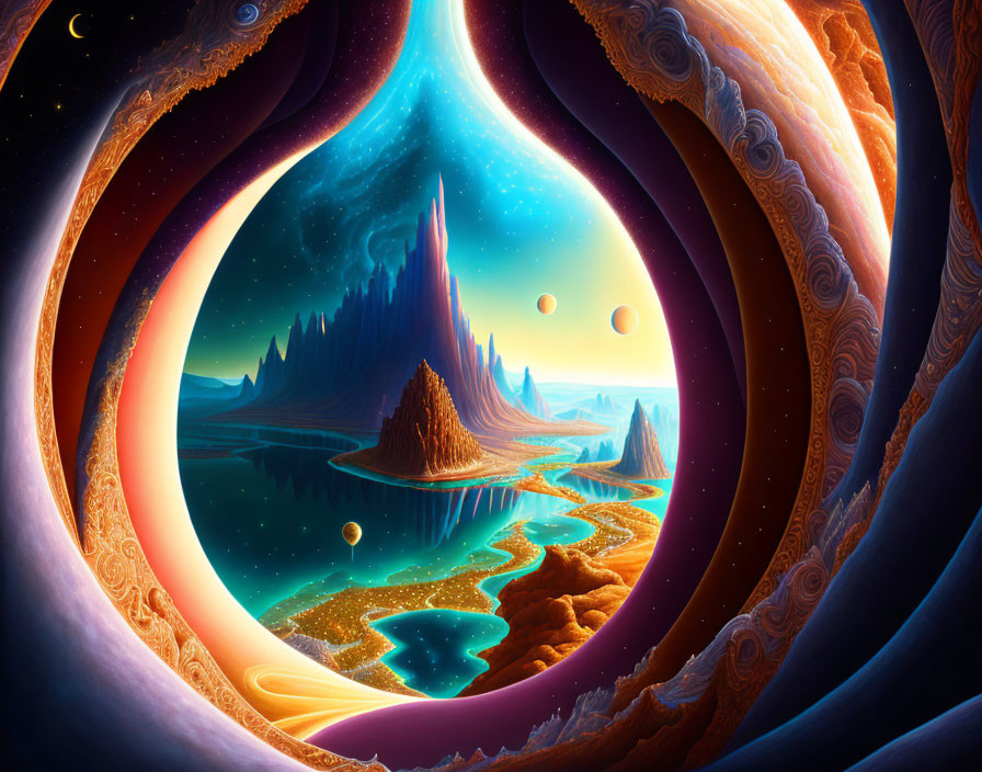 Vibrant surreal landscape with mountains, rivers, and cosmic portal