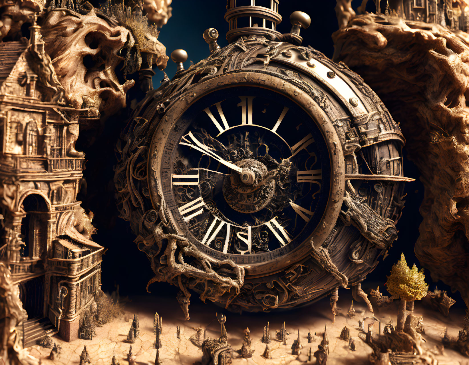 Detailed Fantasy Clock with Intricate Carvings and Magical Surroundings