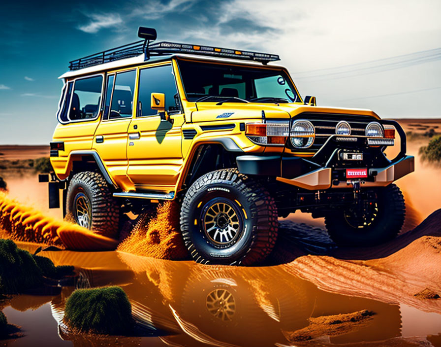 Yellow off-road vehicle with roof rack and extra lights in sandy desert landscape