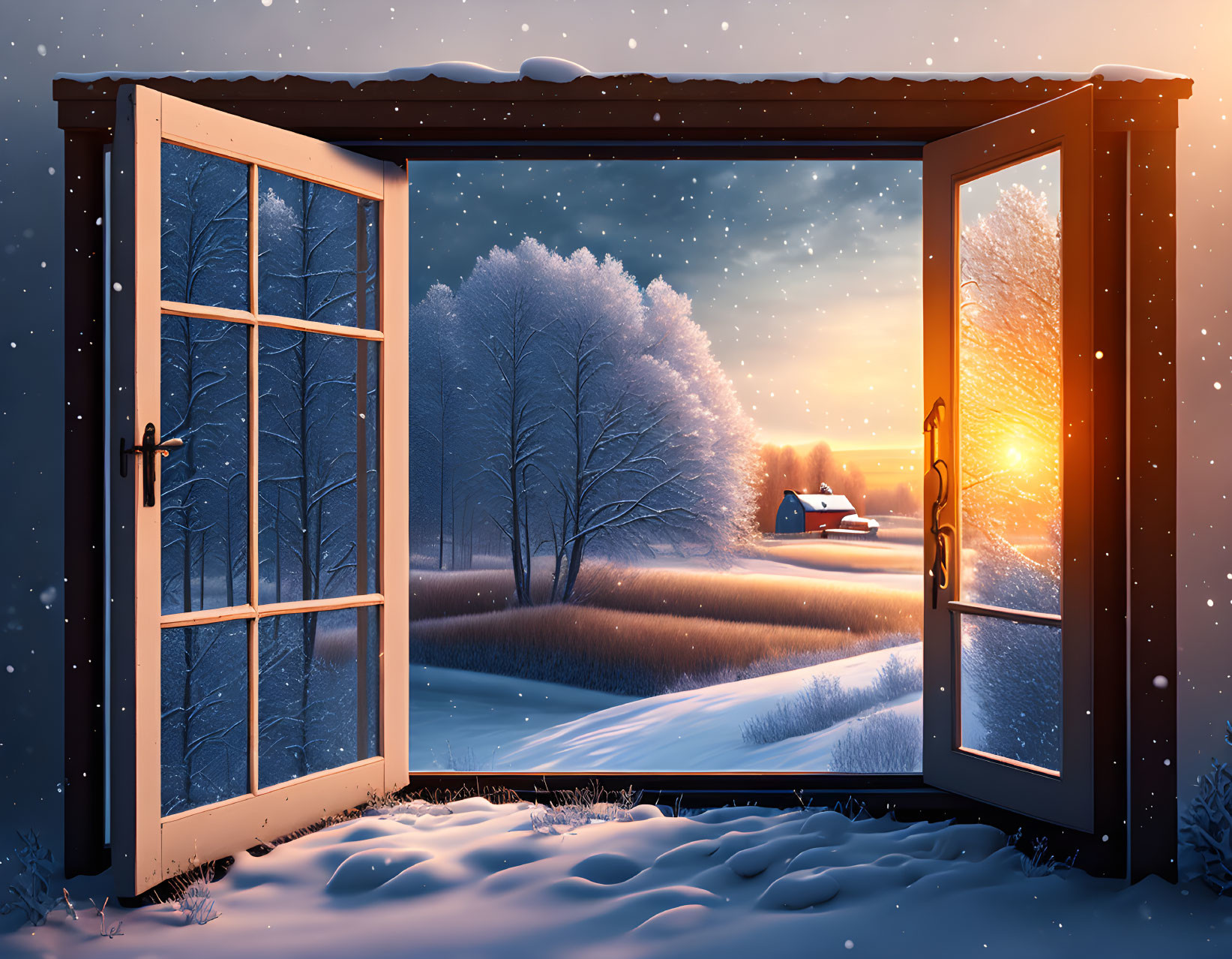 Snowy landscape at dusk: Warm sunset, snow-covered trees, distant house.