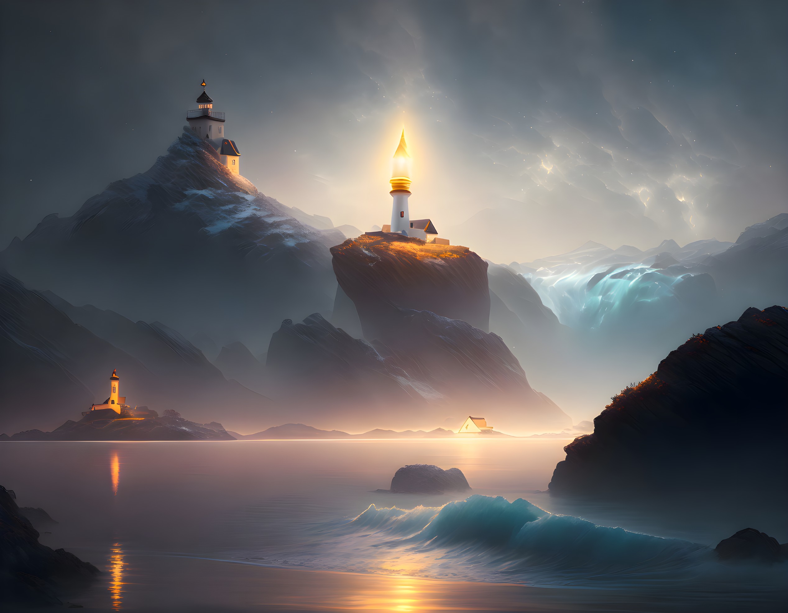 Multiple Lighthouses on Rocky Peaks in Starlit Seascape