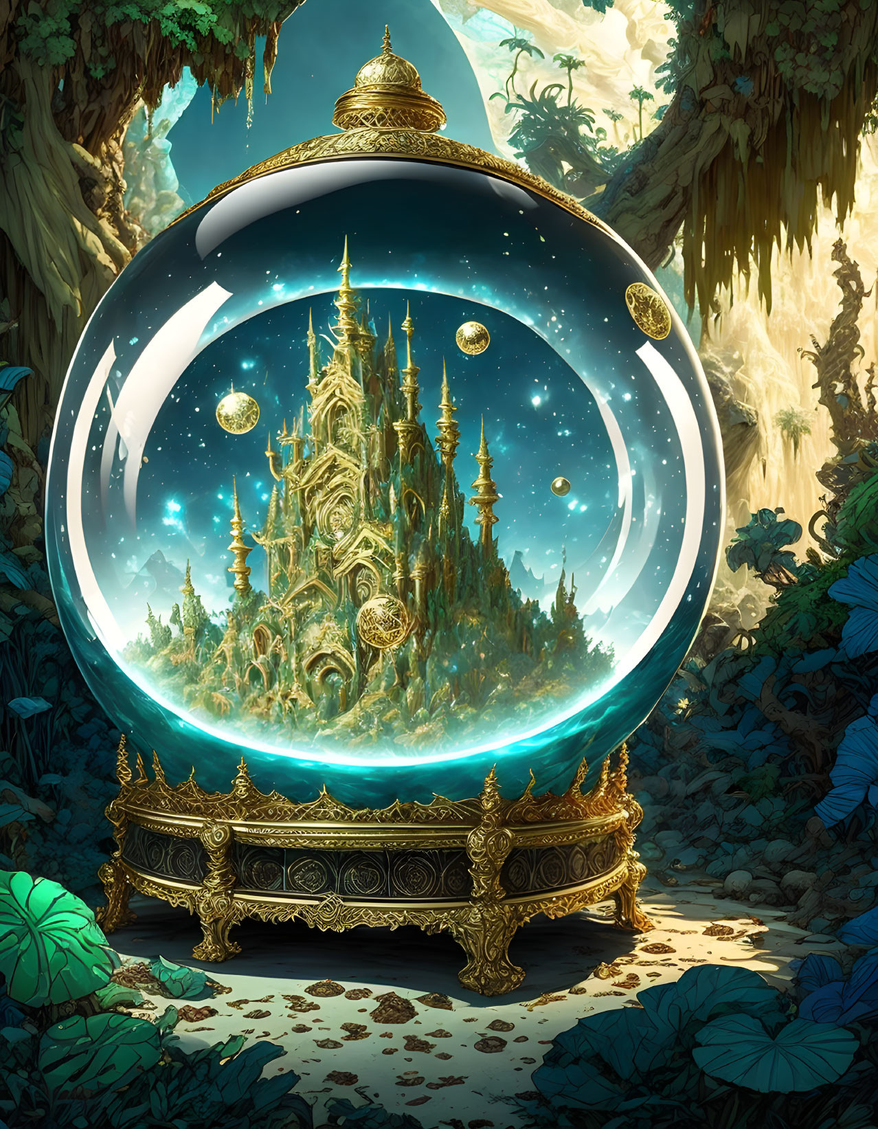 Crystal Ball Showing Glowing City in Mystical Forest