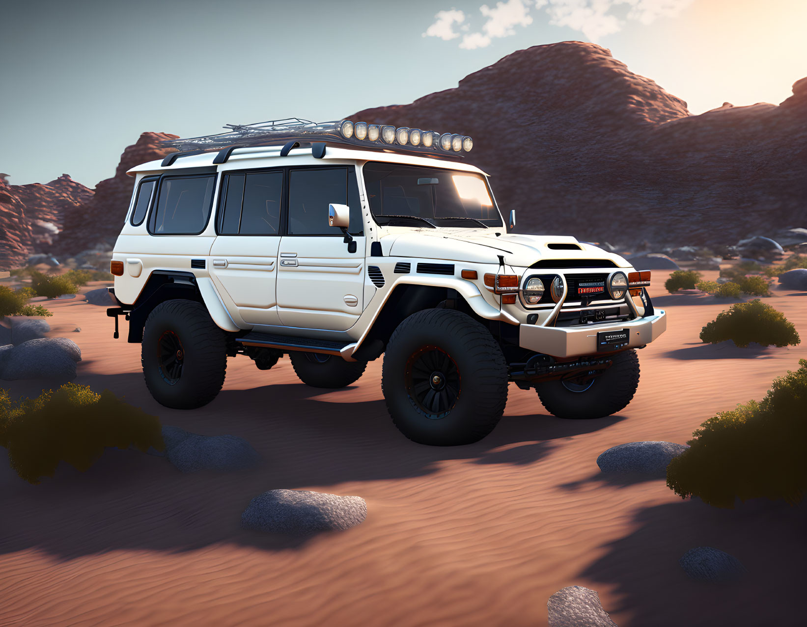 White Off-Road Vehicle Parked in Desert Landscape