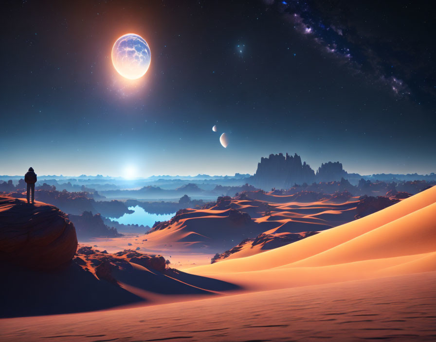 Lone figure on rock gazes at desert under twilight sky with moons and stars