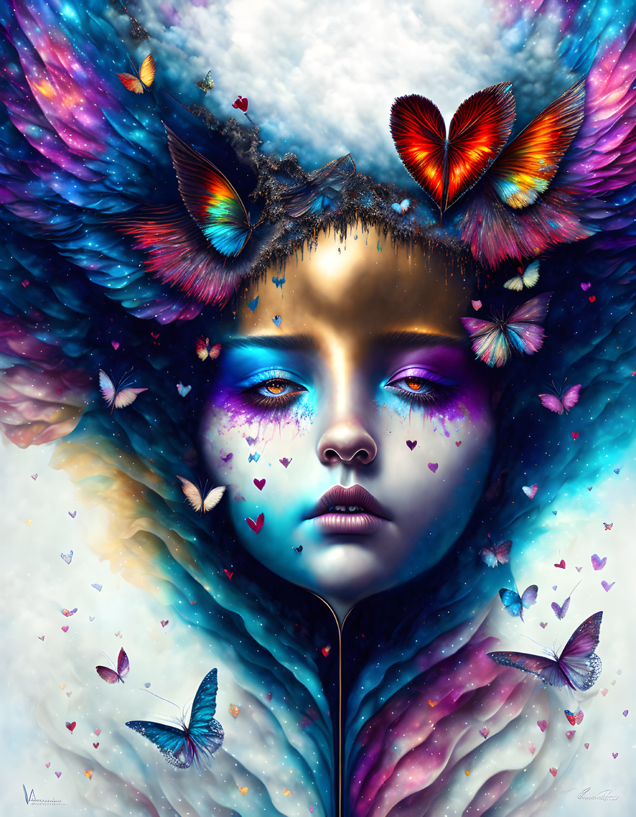 Colorful digital artwork: Female figure with blue skin, butterfly wings, and cosmic backdrop