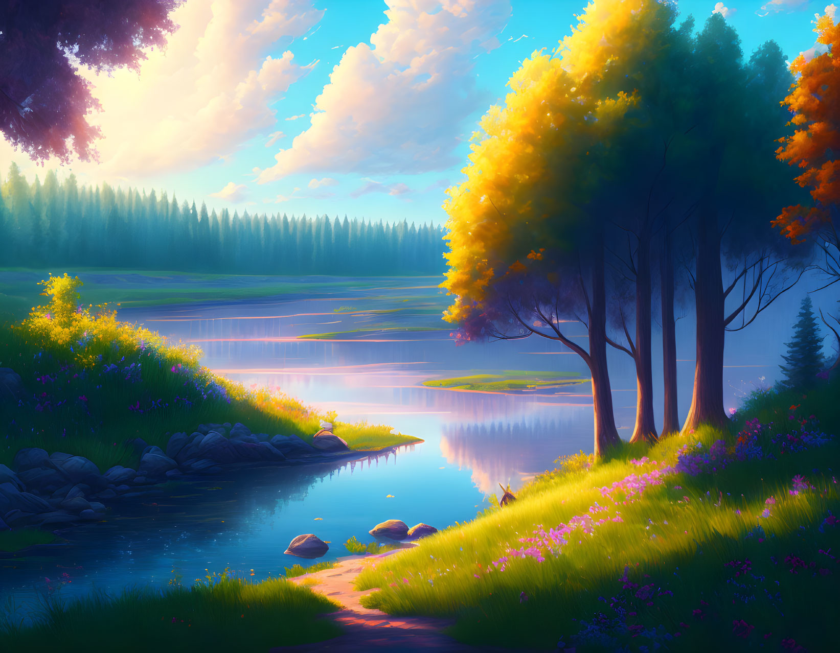 Tranquil landscape with vibrant trees, calm lake, and colorful sky