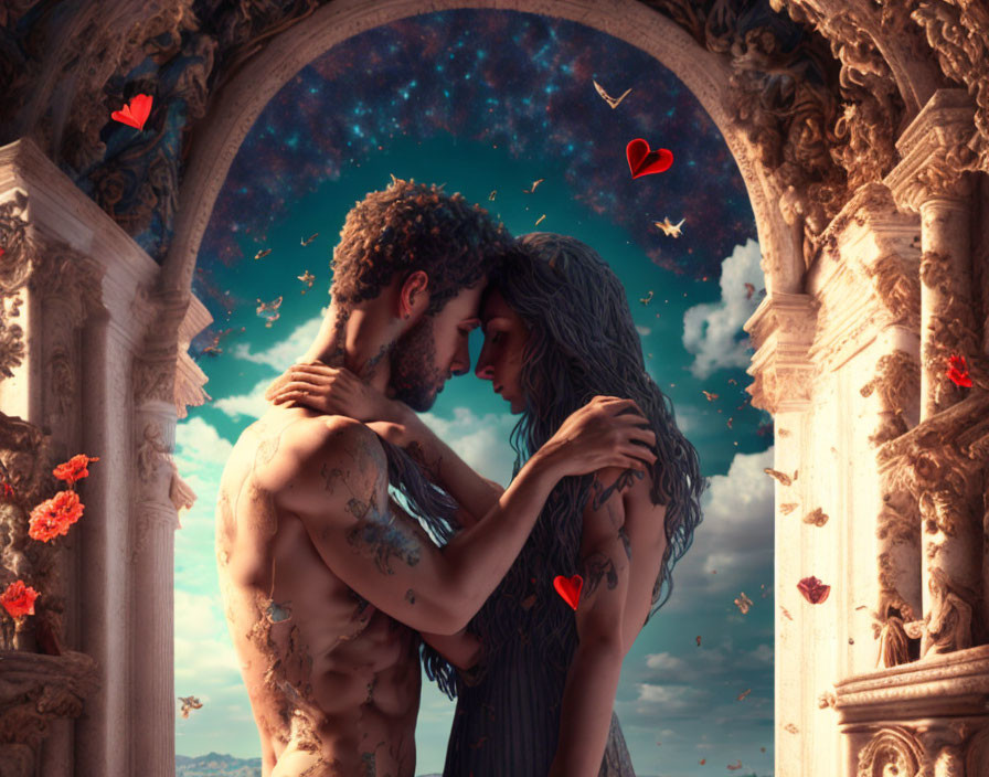 Romantic digital art: Couple embracing under cosmic archway