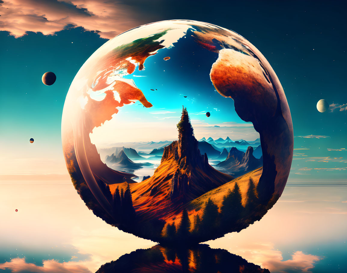 Surreal artwork: Glassy globe with landscapes, sunset sky, distant planets