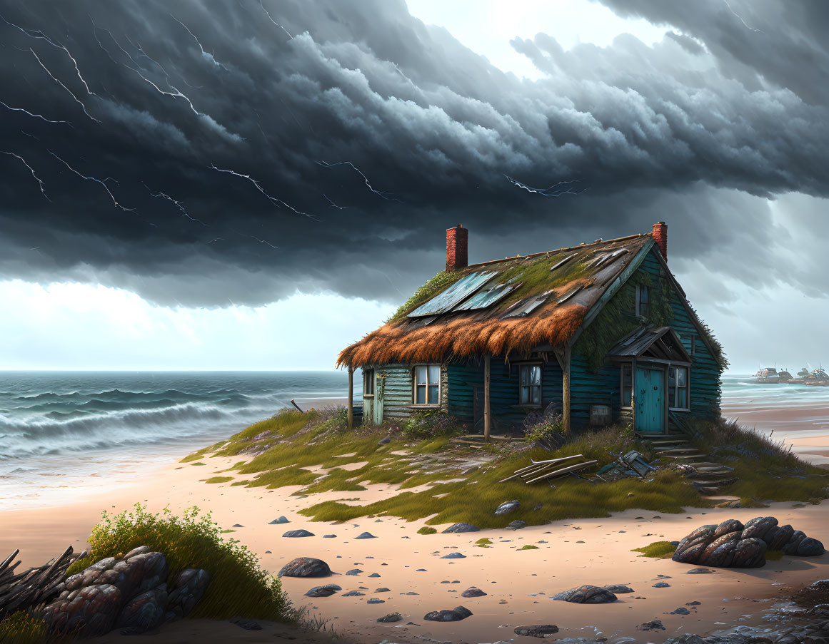 Moss-covered cabin on sandy beach under stormy skies