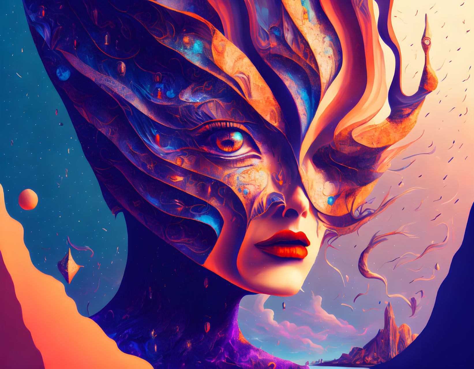 Colorful digital artwork: Woman with elaborate headpiece in blue and orange against surreal sky.