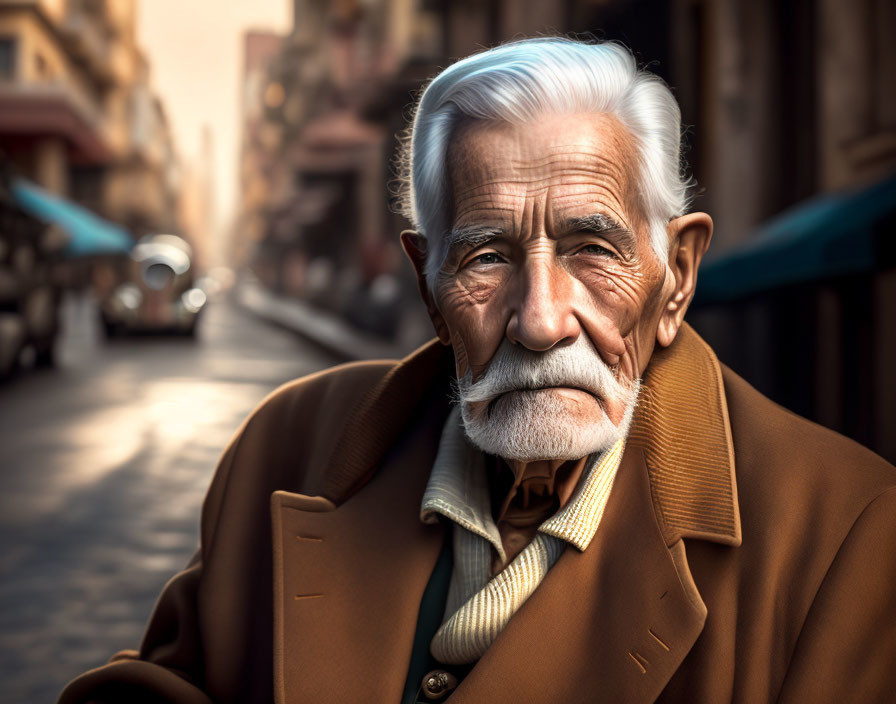 Elderly man in brown coat and beige shirt gazes thoughtfully on street