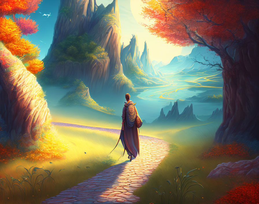 Traveler with cloak and staff in autumnal landscape by cliffs.