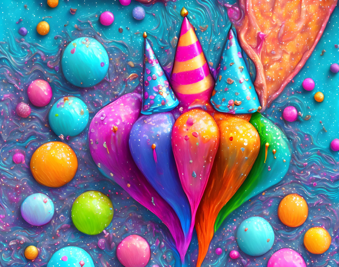 Colorful abstract art with swirls, hats, and spheres.