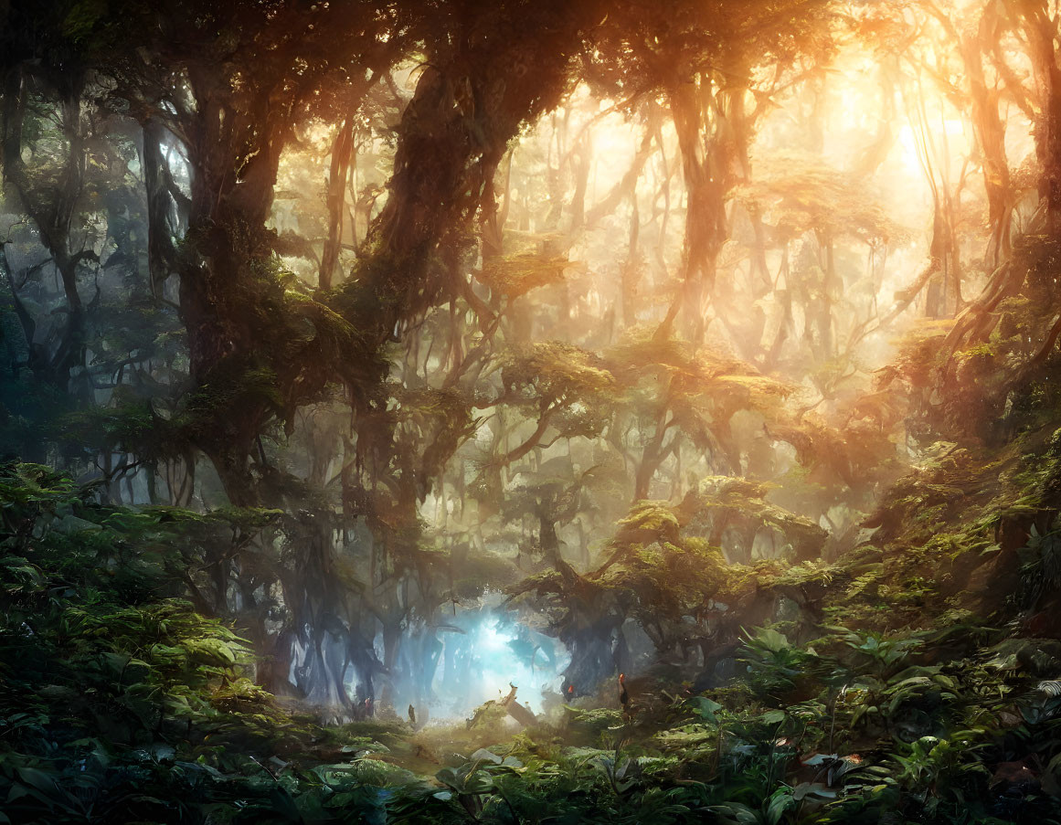 Mystical forest with dense foliage, sun rays, and glowing blue light