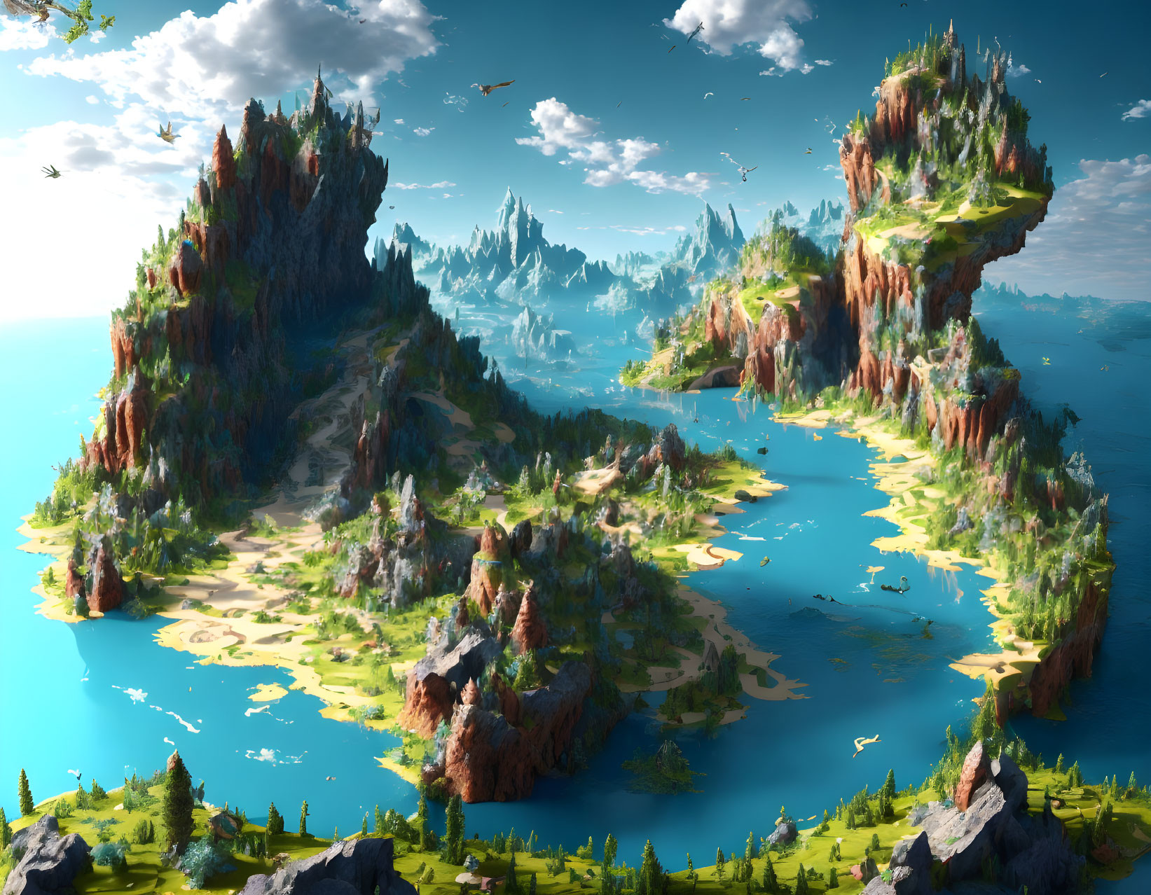Lush greenery and waterfalls on floating islands over serene ocean