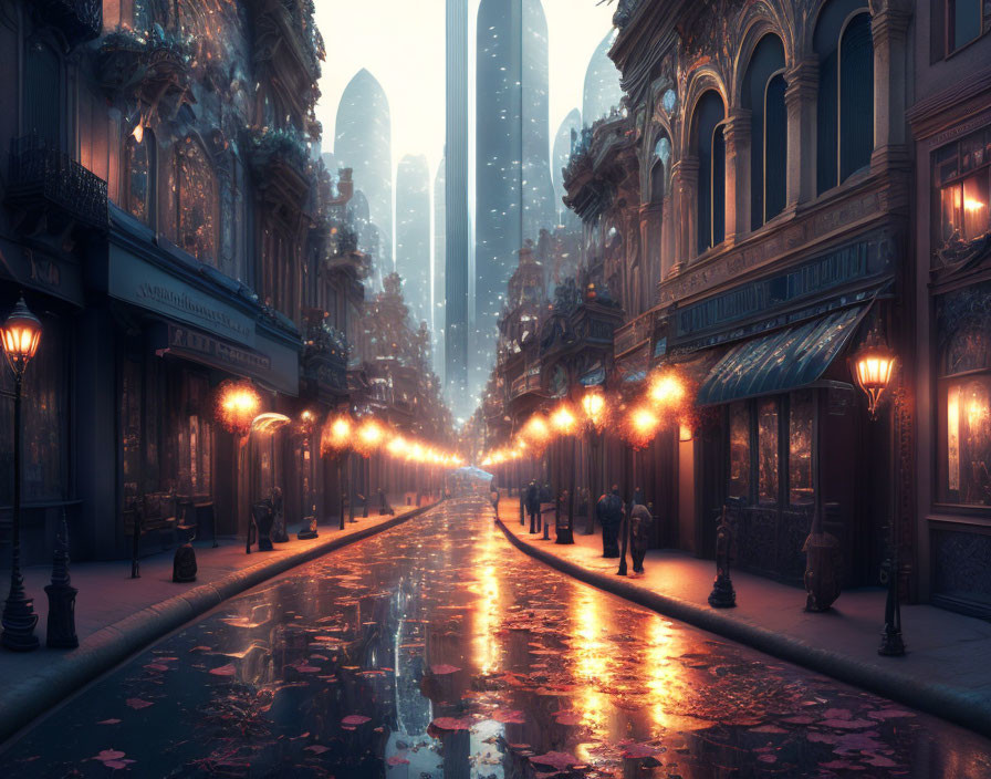 Rainy street scene with ornate buildings and glowing street lamps.