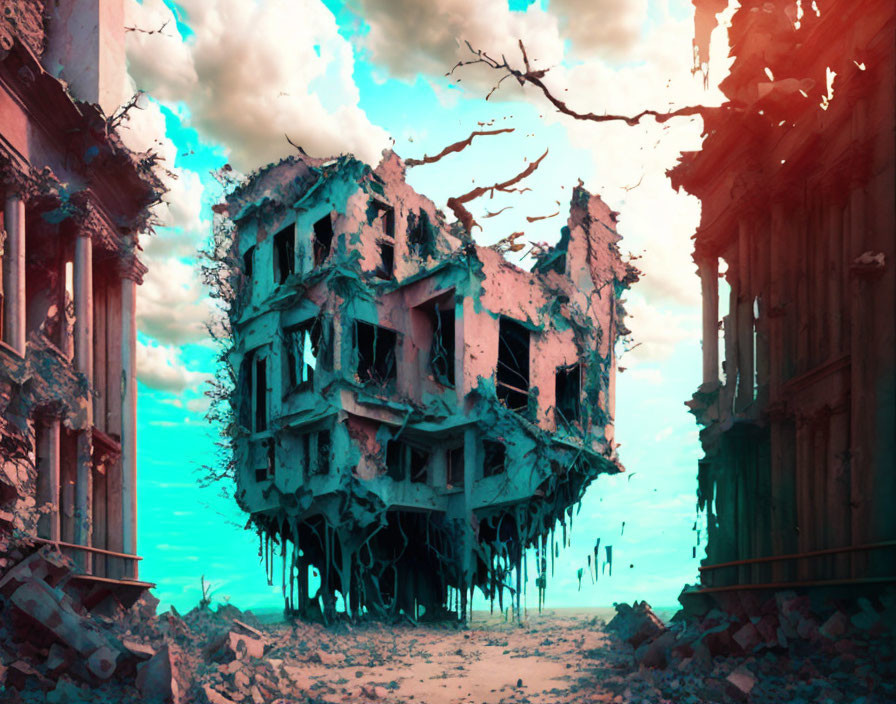 Surreal image: dilapidated building in mid-air over cyan post-apocalyptic backdrop