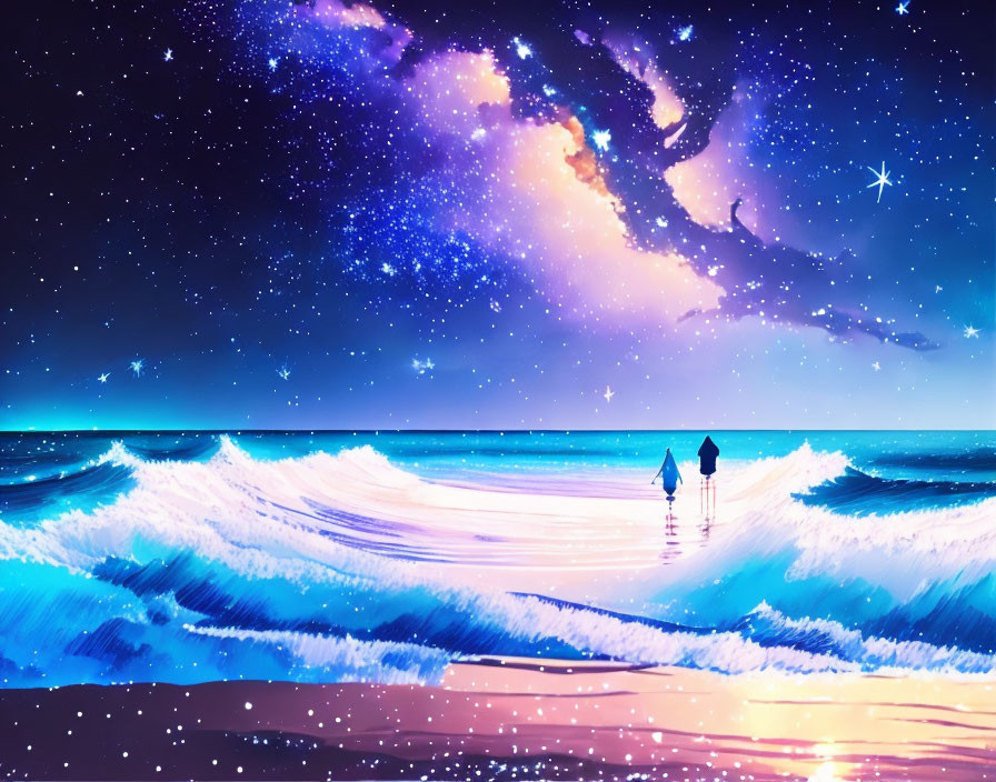 Silhouetted figures walking on starry beach under cosmic sky