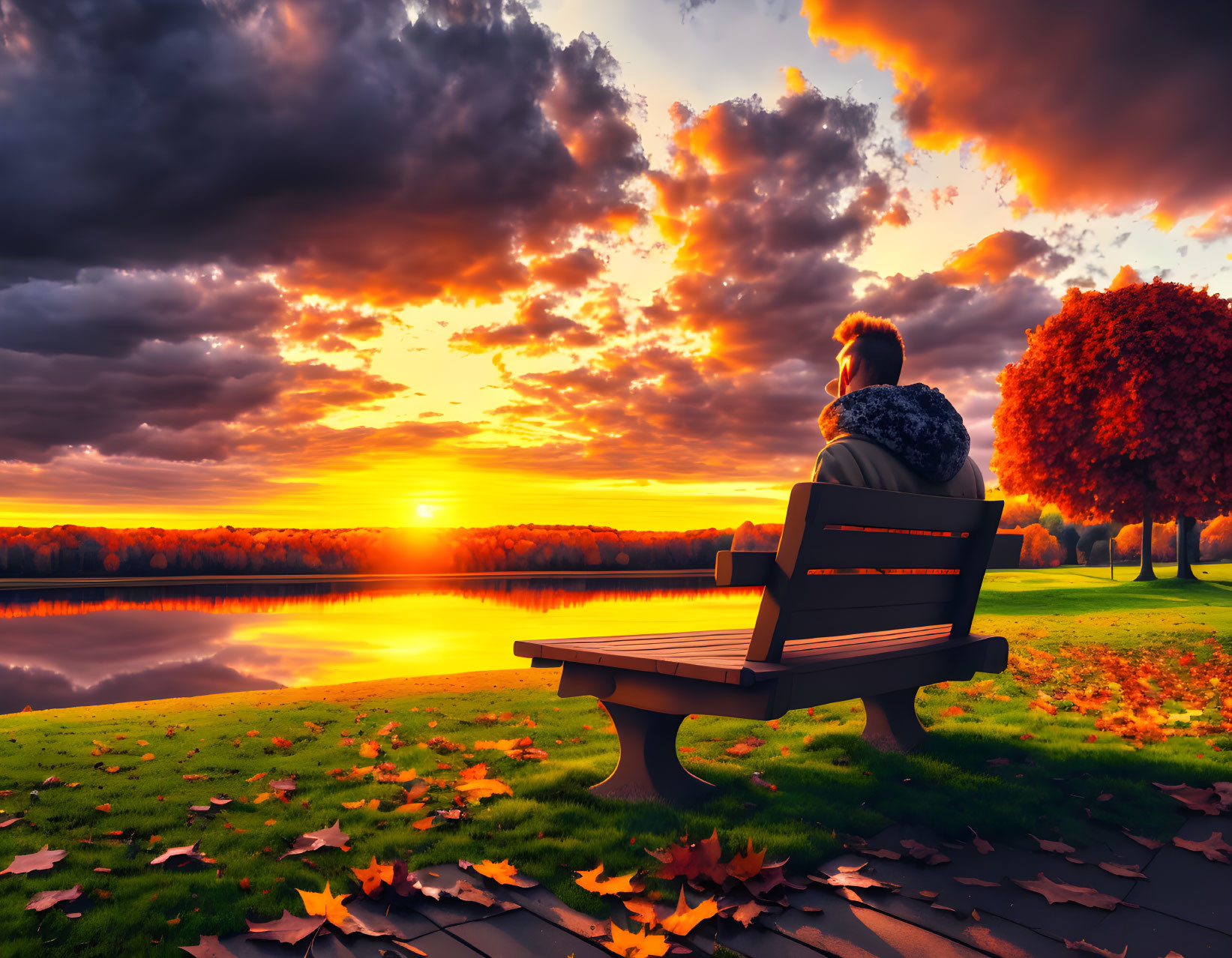 Person admiring sunset on park bench near tree with autumn leaves