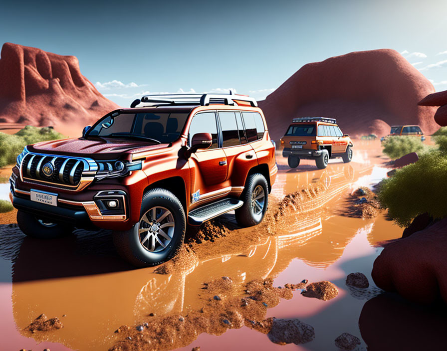 Off-road SUVs in desert landscape with red rock formations