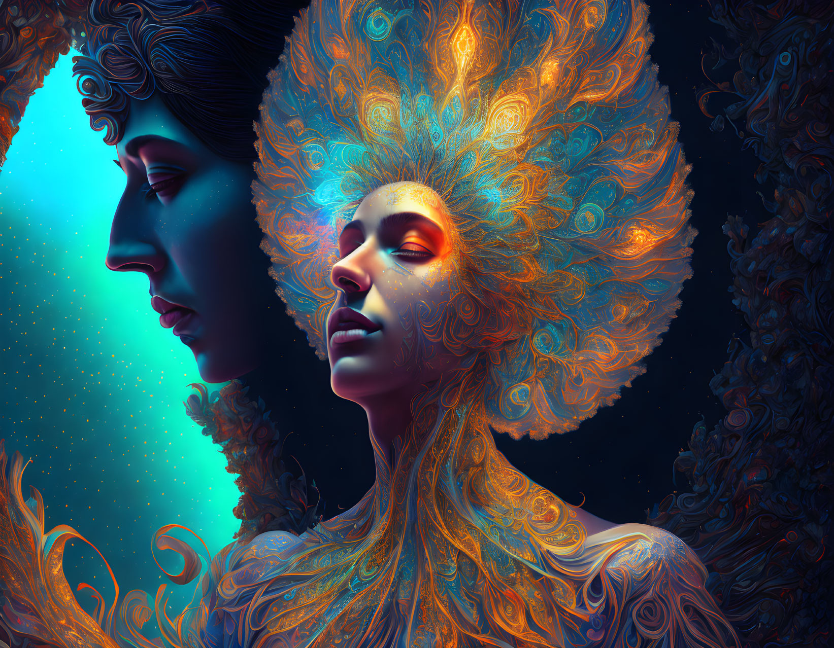 Ornate swirling hair profiles on starry backdrop