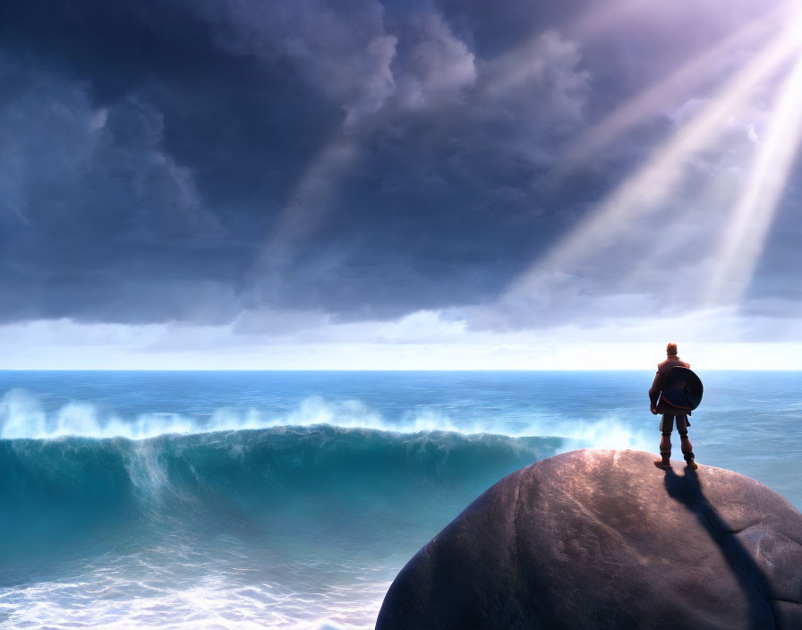 Person on Rock Gazes at Giant Wave Under Dramatic Sky