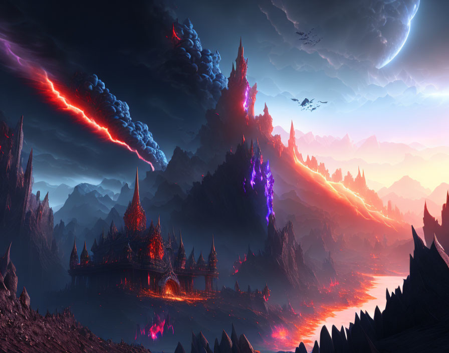 Fantasy landscape with crimson and blue lighting, spires, castle, crescent moon