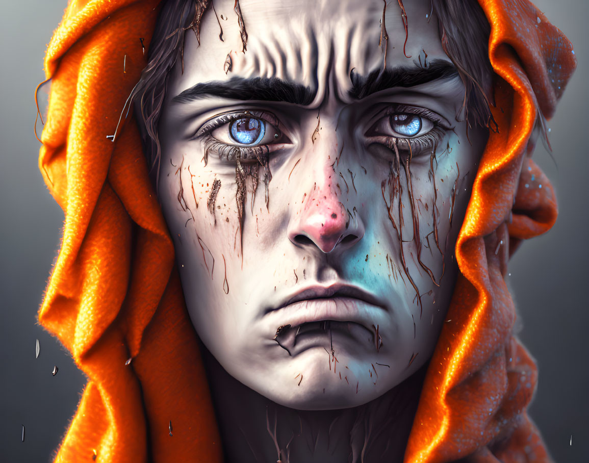 Portrait of person with striking blue eyes and tears, draped in orange fabric