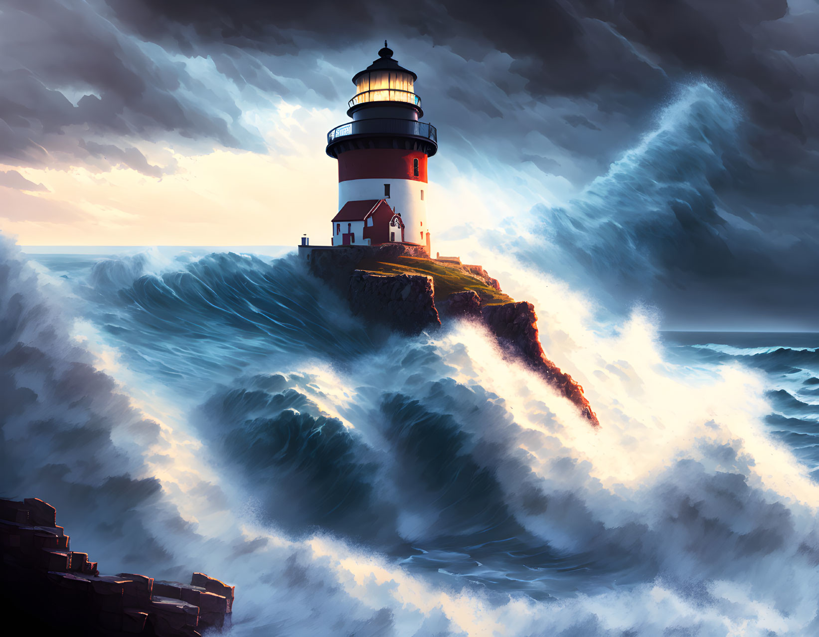 Lighthouse on Cliff Amidst Stormy Seas