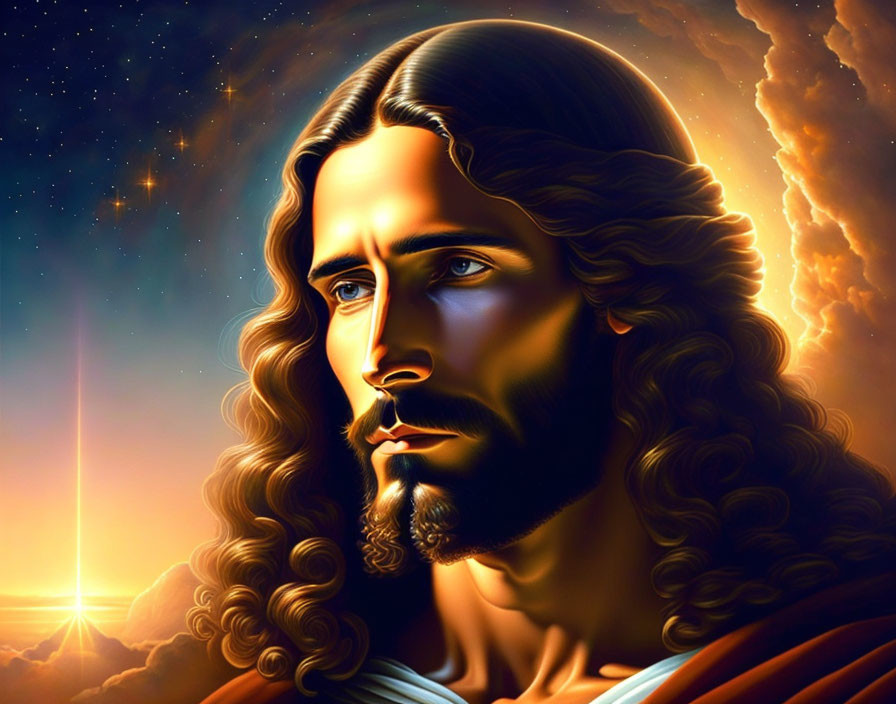 Religious illustration of Jesus with long hair and beard, glowing star, and sunrise.