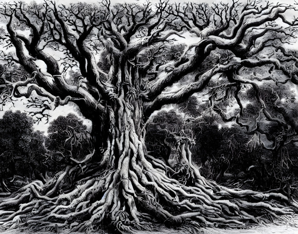 Detailed Monochrome Ancient Tree Illustration: Mystical and Eerie Branches & Roots