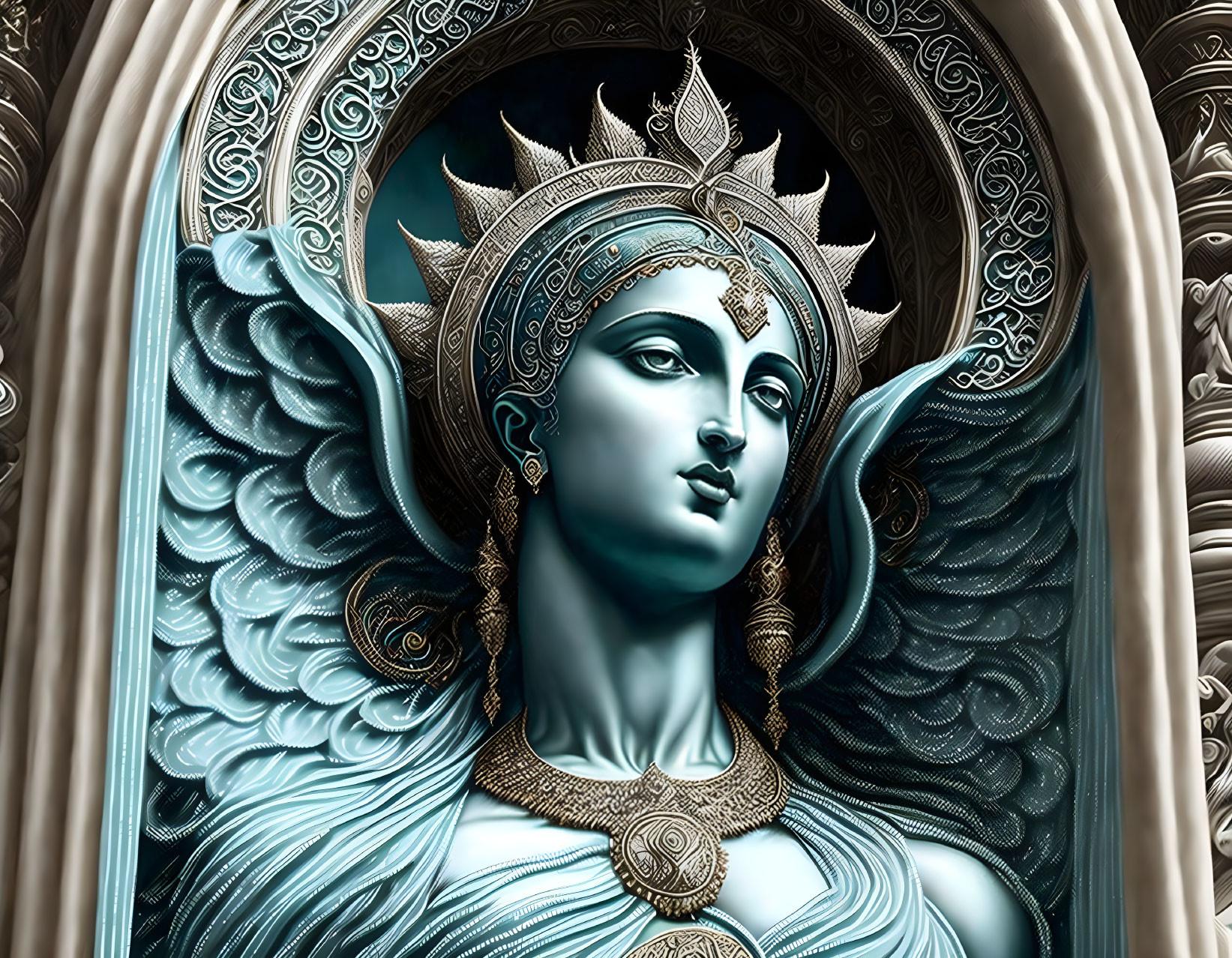 Blue-skinned female figure with ornate headgear and jewelry against wing-like background