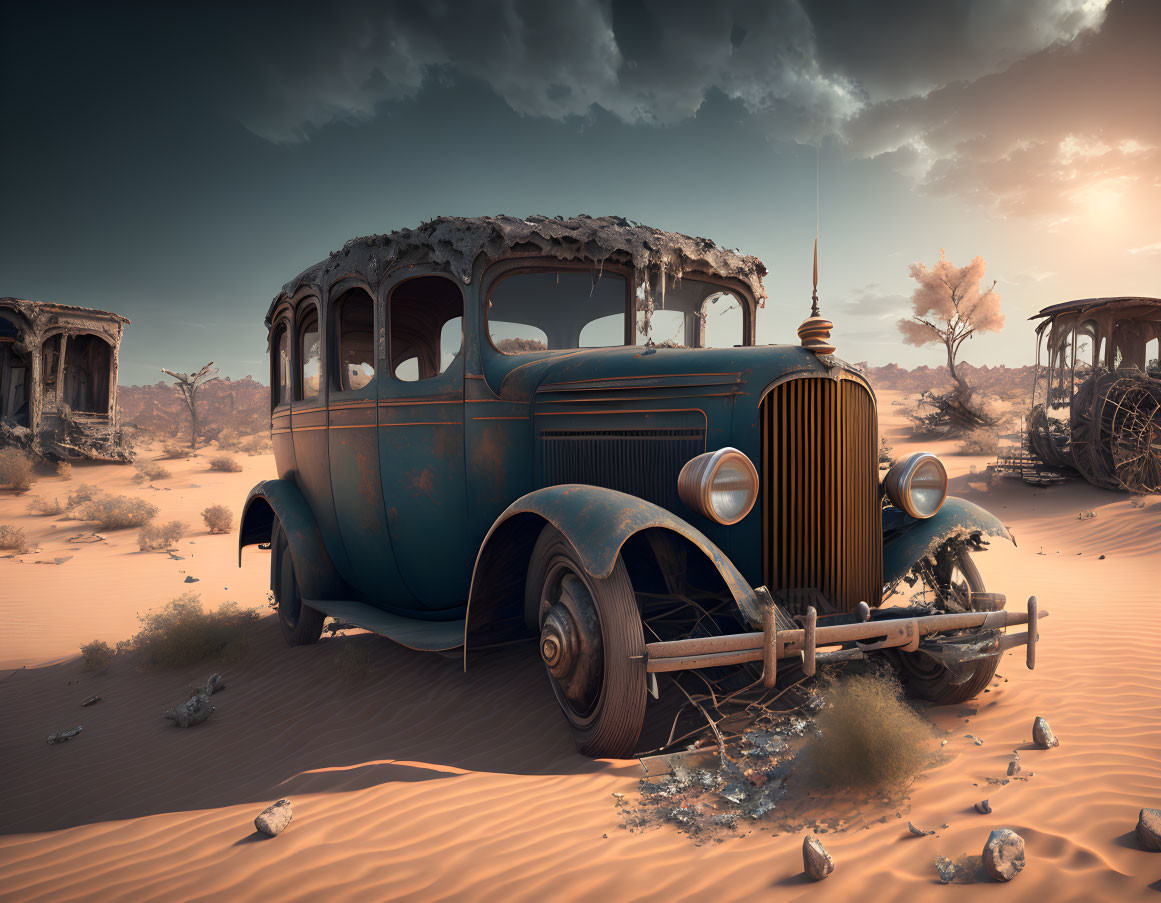 Abandoned vintage car in desert with wrecks under moody sky