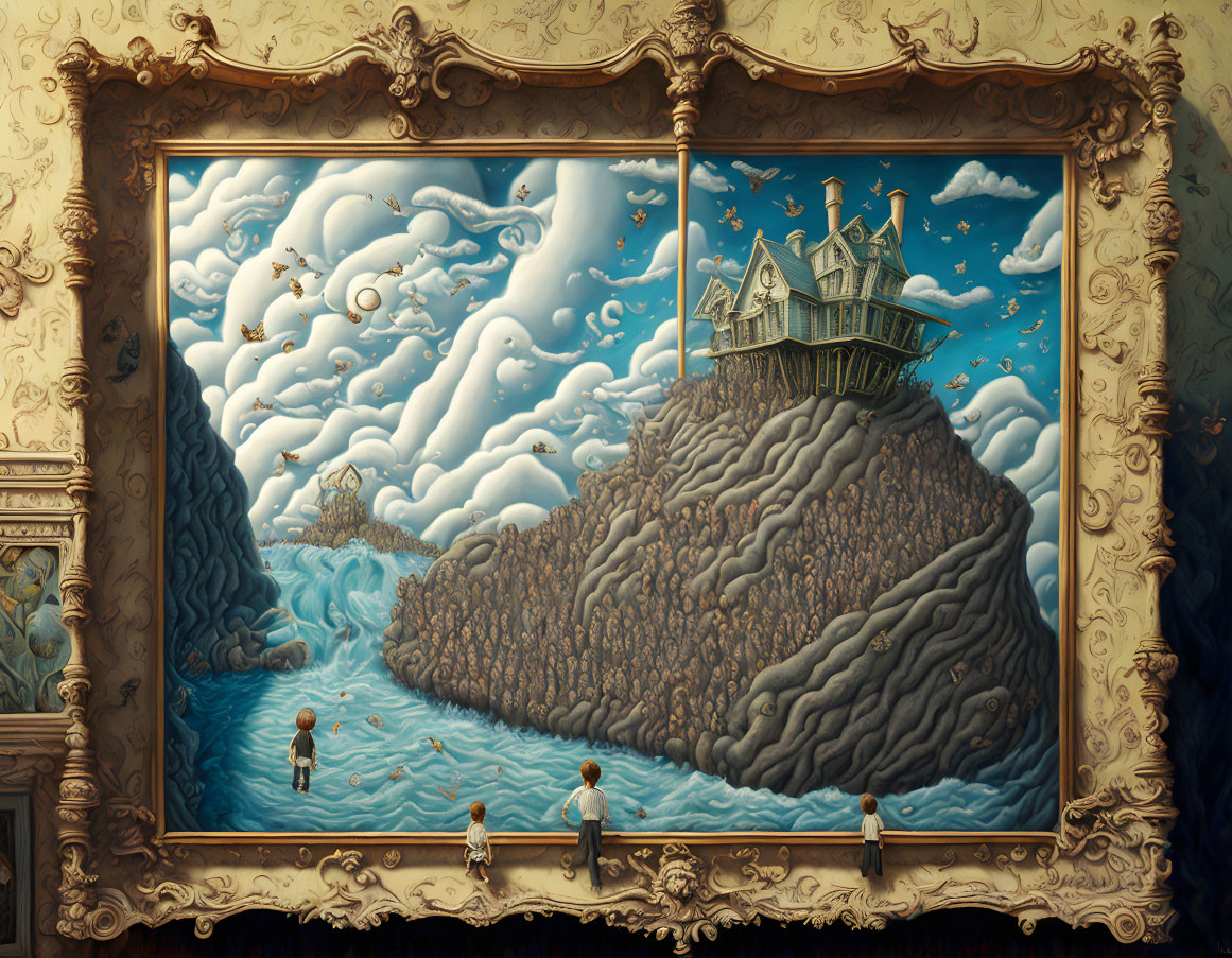 Fantastical painting: House on mountain of bodies, surreal clouds & onlookers.