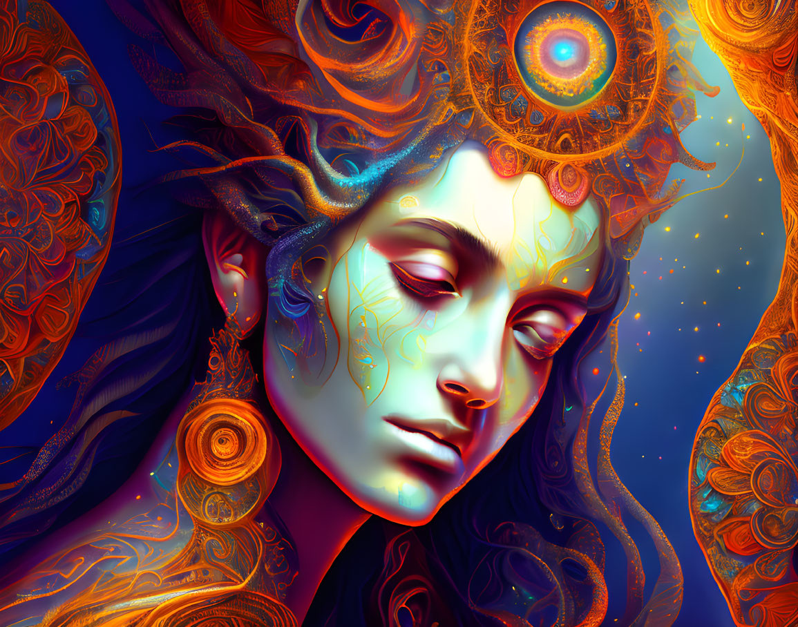 Colorful digital art of person with intricate headpiece and patterns in warm hues.