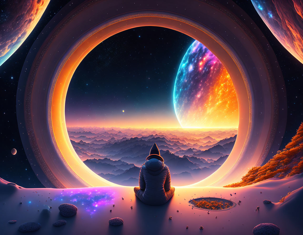 Person admiring vast landscape with layered hills and cosmic sky with rings and celestial bodies.