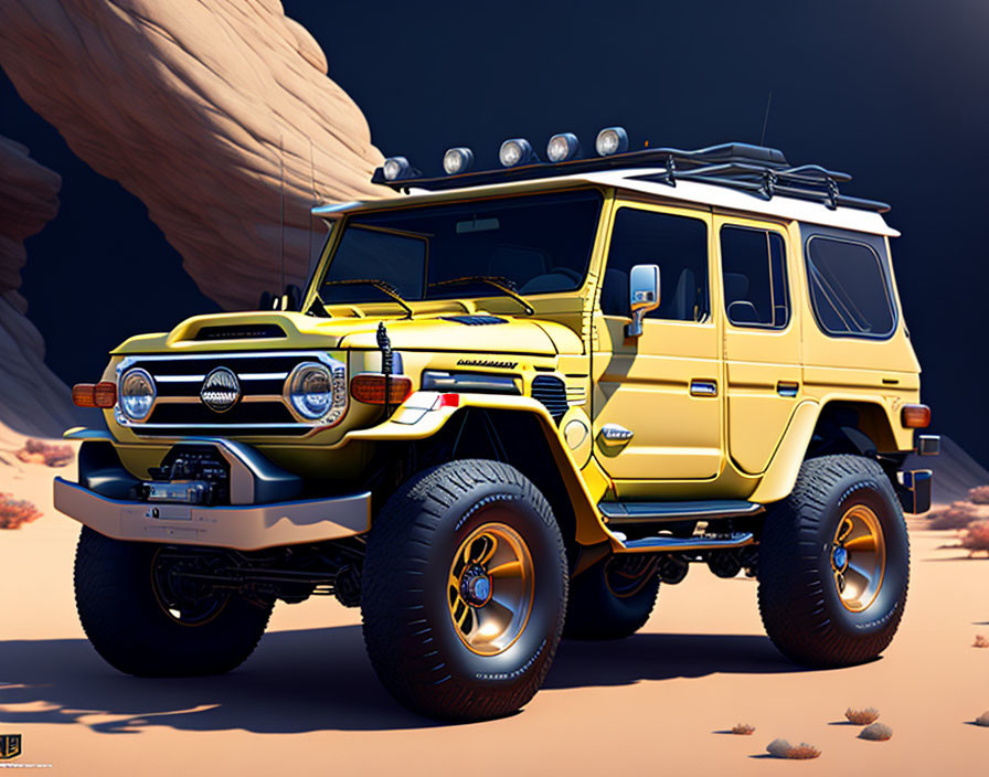 Stylized illustration of yellow off-road SUV on sandy terrain