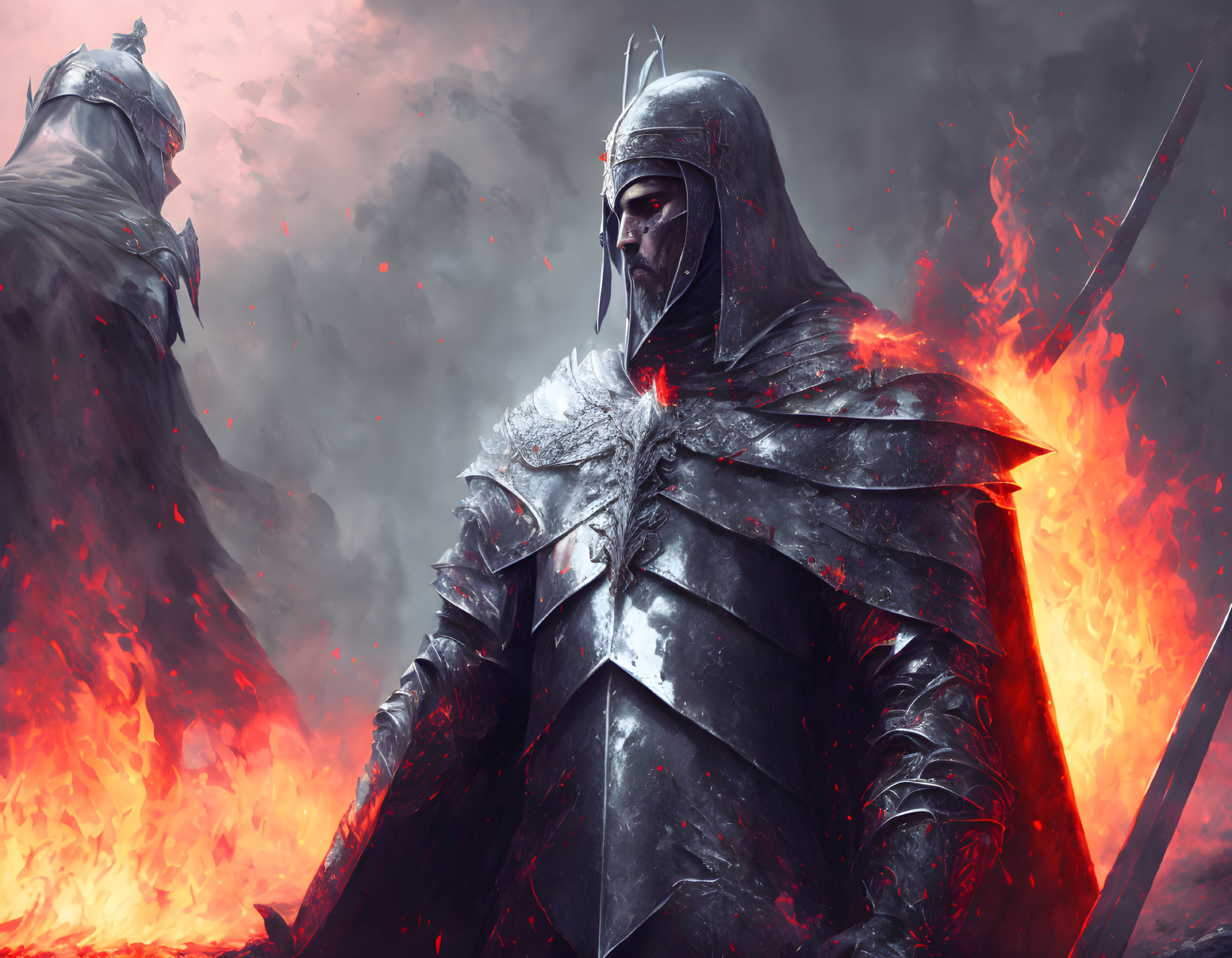 Armored knight with helm in fiery battlefield - somber and heroic ambiance